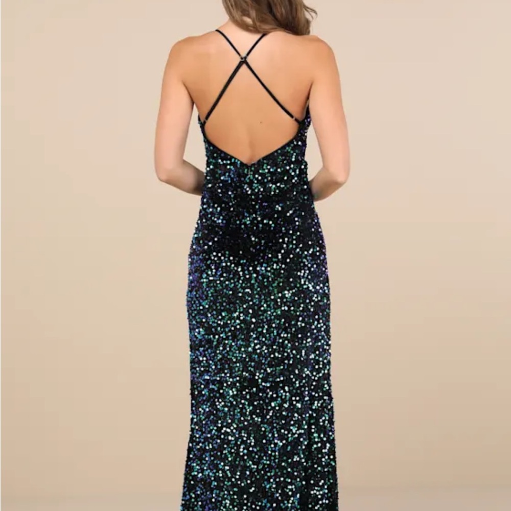 Lulu's Keep it Regal Green Iridescent Sequin Velvet Maxi dress - Picture 3 of 7